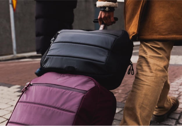 Close-up of two wheeled travel bags, one black and one maroon, being pulled along a city street.