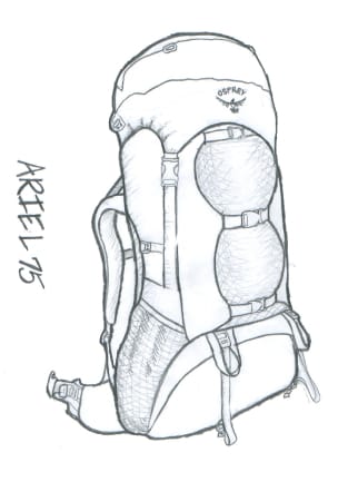 Black pencil sketch of the Ariel 75
backpacking pack. The pack features three horizontal compression straps across the front of the main body, two loops for gear attachments near the bottom, and a top lid secured with buckles over the main body.