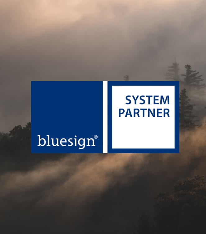The dark blue and white bluesign SYSTEM PARTNER logo over a photo of a misty, treed mountain.