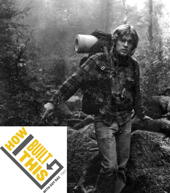 A black and white photo of a young Mike Pfotenhauer wearing an early Osprey backpack on a hike in the woods, overlaid with a logo that reads, &ldquo;How I Built This with Guy Raz&rdquo; and the NPR logo.