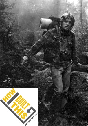 A black and white photo of a young Mike Pfotenhauer wearing an early Osprey backpack on a hike in the woods, overlaid with a logo that reads, &ldquo;How I Built This with Guy Raz&rdquo; and the NPR logo.